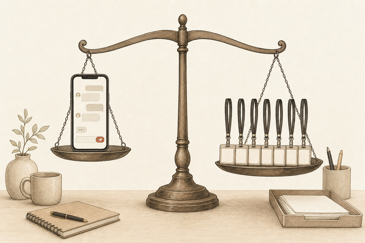 A balance scale on a desk weighing a phone with a short message thread against a row of seven blank staff name badges, illustrating Sabi vs Marblism