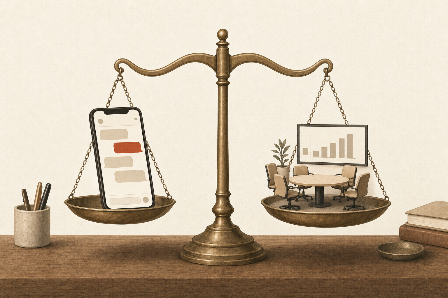A brass balance scale on a desk weighing a phone with a message thread against a miniature meeting room with a chart screen, illustrating Sabi vs Marcus AI