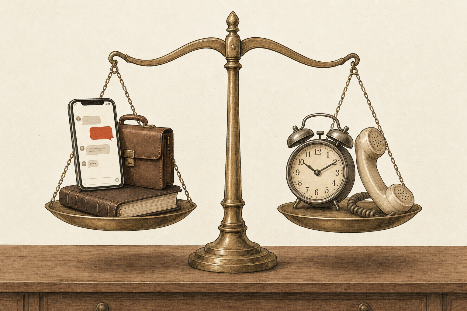 A brass balance scale weighing a phone with a message thread, a briefcase, and a ledger against a vintage alarm clock and a telephone handset, illustrating Sabi vs Martin AI