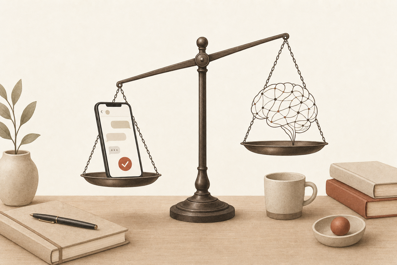 A balance scale on a founder desk weighing a phone with a message thread against a line-drawn brain, illustrating Sabi vs MyGentic
