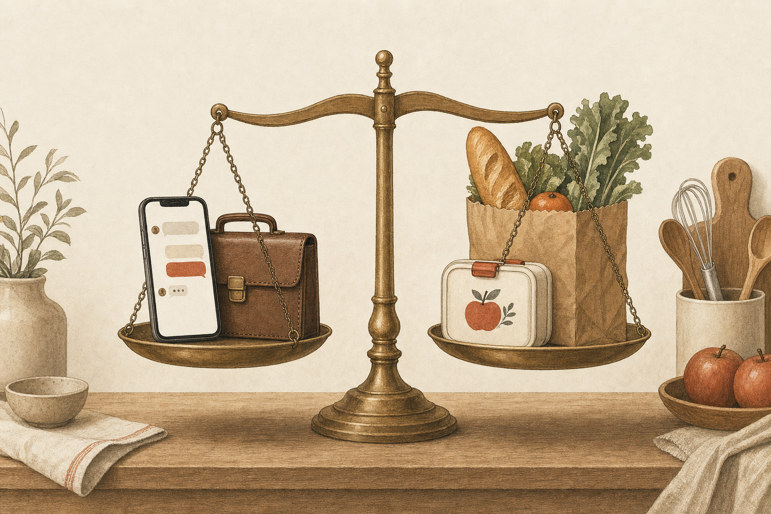 A balance scale on a kitchen table weighing a phone with a message thread and a briefcase against a lunchbox and a grocery bag, illustrating Sabi vs Ollie AI