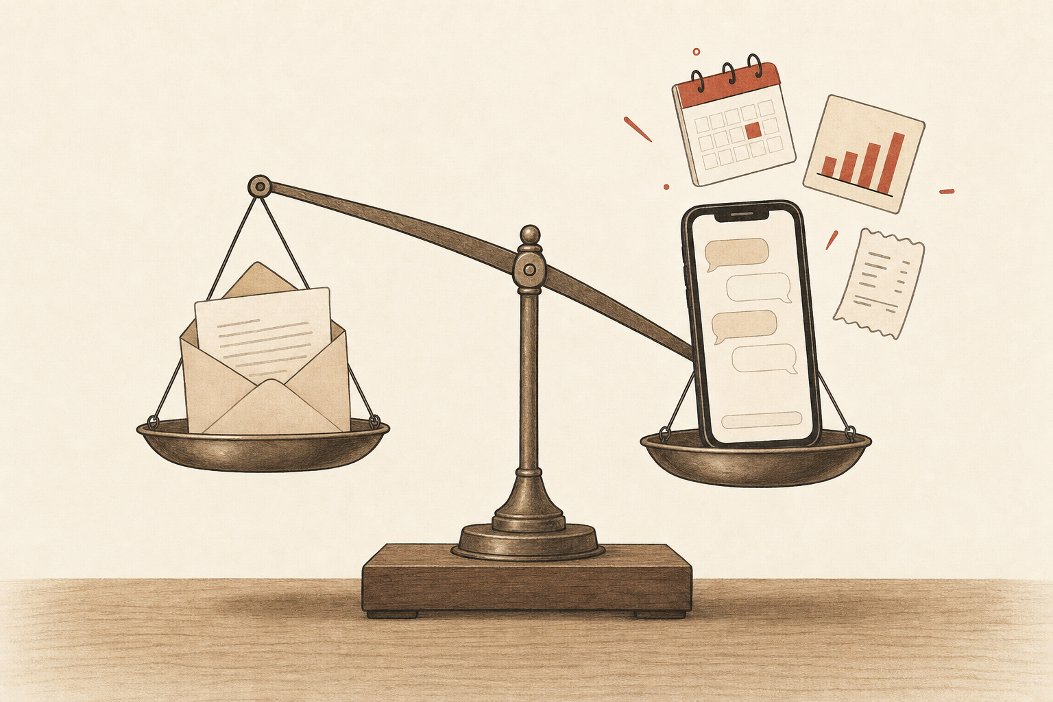 A balance scale on a desk weighing an open envelope holding a letter against a phone with a message thread, calendar, chart, and receipt icons, illustrating Sabi vs Serif AI
