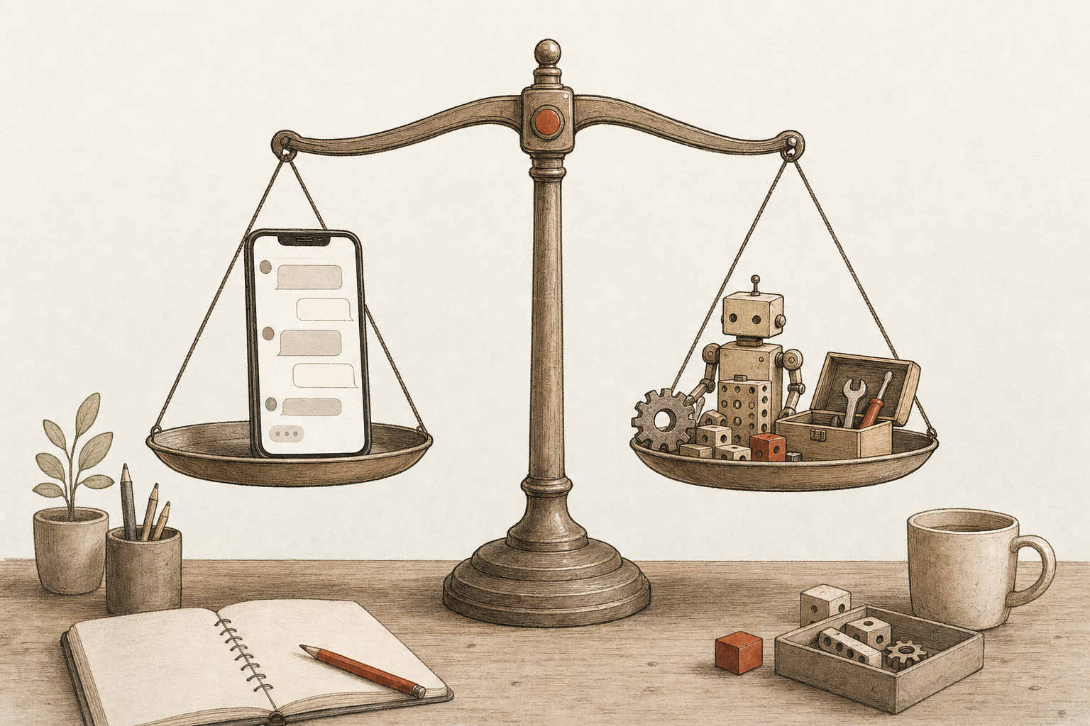 A balance scale on a desk weighing a phone with a short text thread against a toy robot, gears, and a toolbox, illustrating Sabi vs Skydive AI