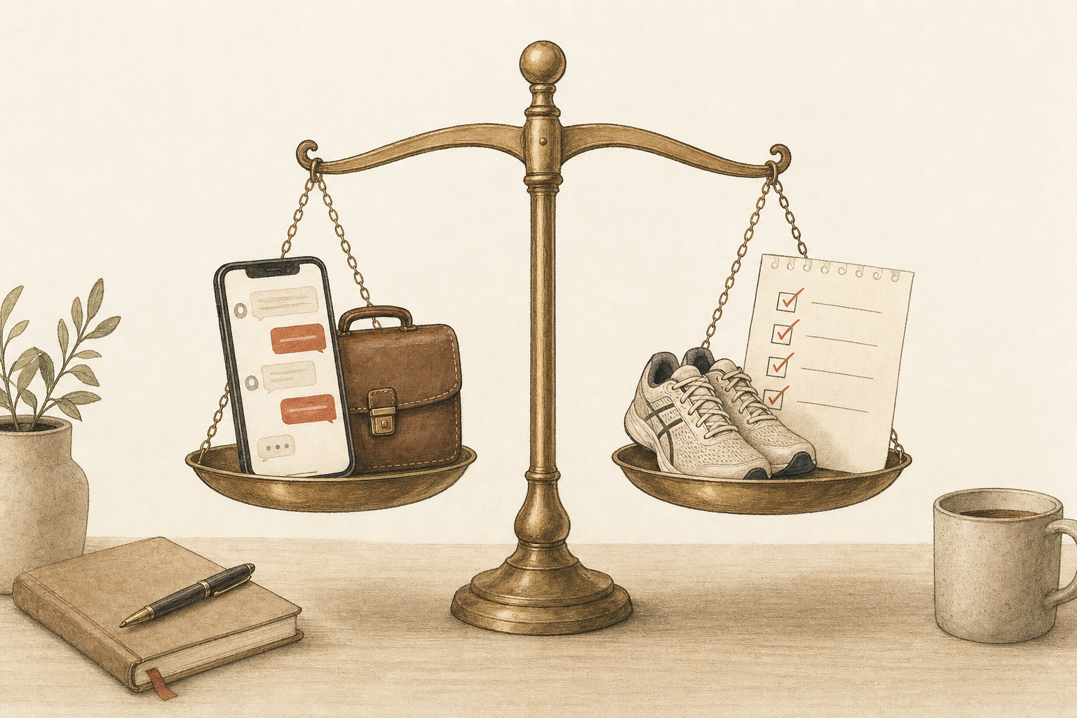 A balance scale weighing a phone with a message thread and a briefcase against running shoes and a habit checklist, illustrating Sabi vs Tomo AI