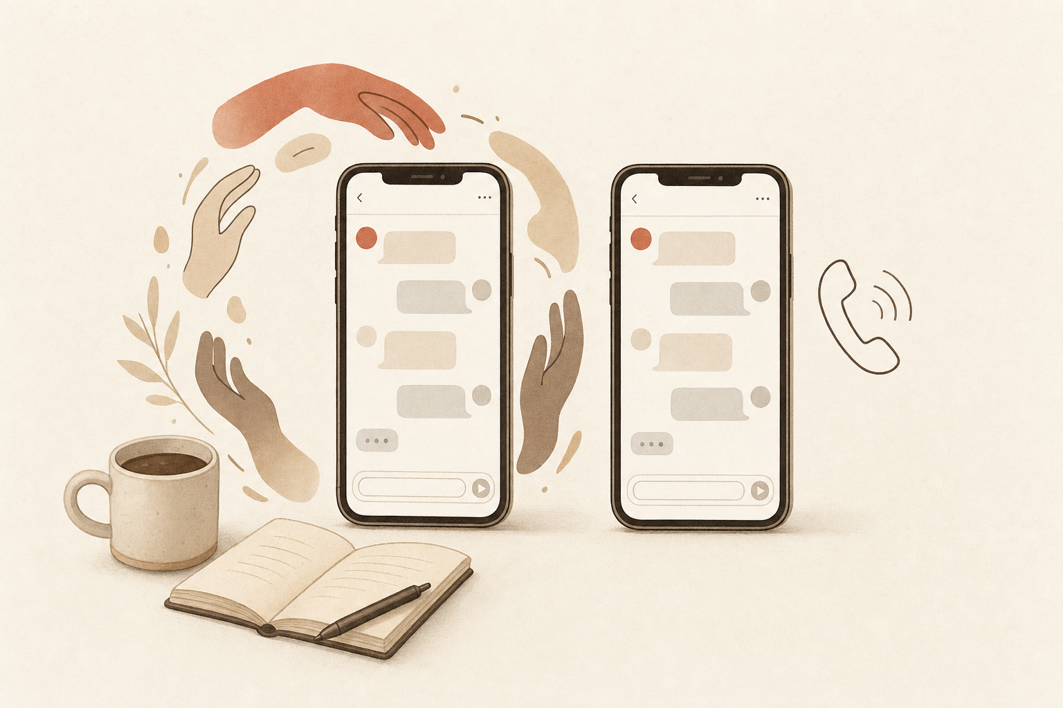 Two phones with message threads on a founder desk, one circled by helping hands beside a coffee cup and notebook, the other beside a ringing phone icon, illustrating Sabi vs Toyo AI