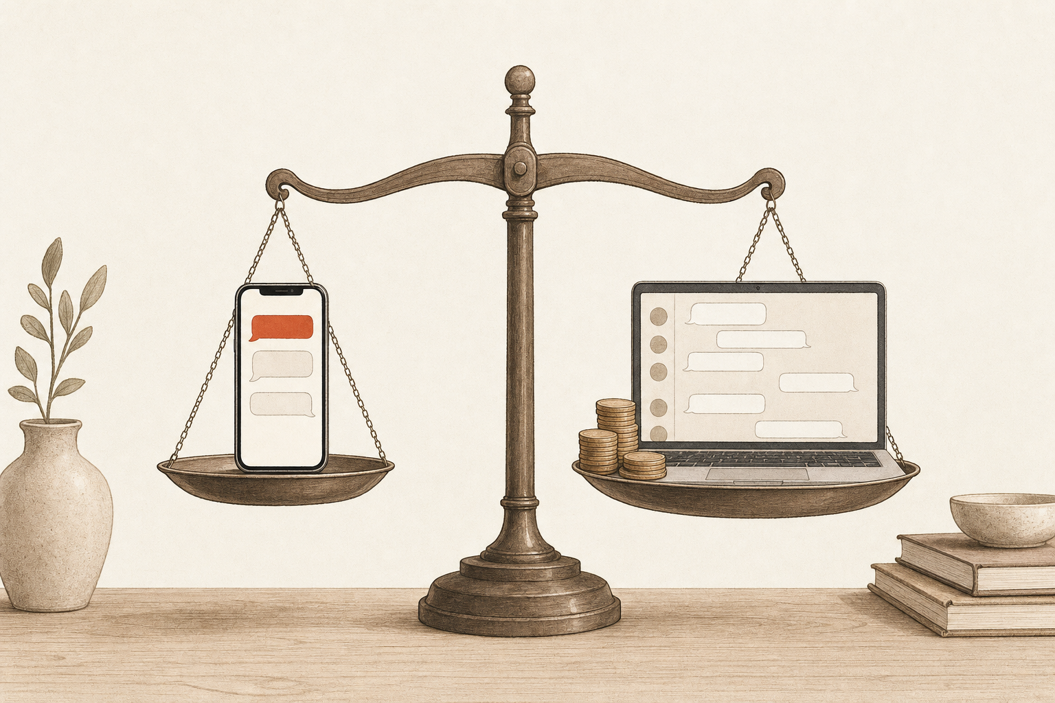 A balance scale on a desk weighing a phone with a short text thread against a laptop group chat and a stack of coins, illustrating Sabi vs Viktor AI