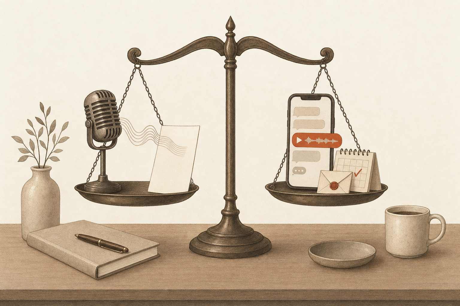 A balance scale on a desk weighing a vintage microphone and blank page against a phone with a voice memo, an envelope, and a checked calendar, illustrating Sabi vs Wispr Flow