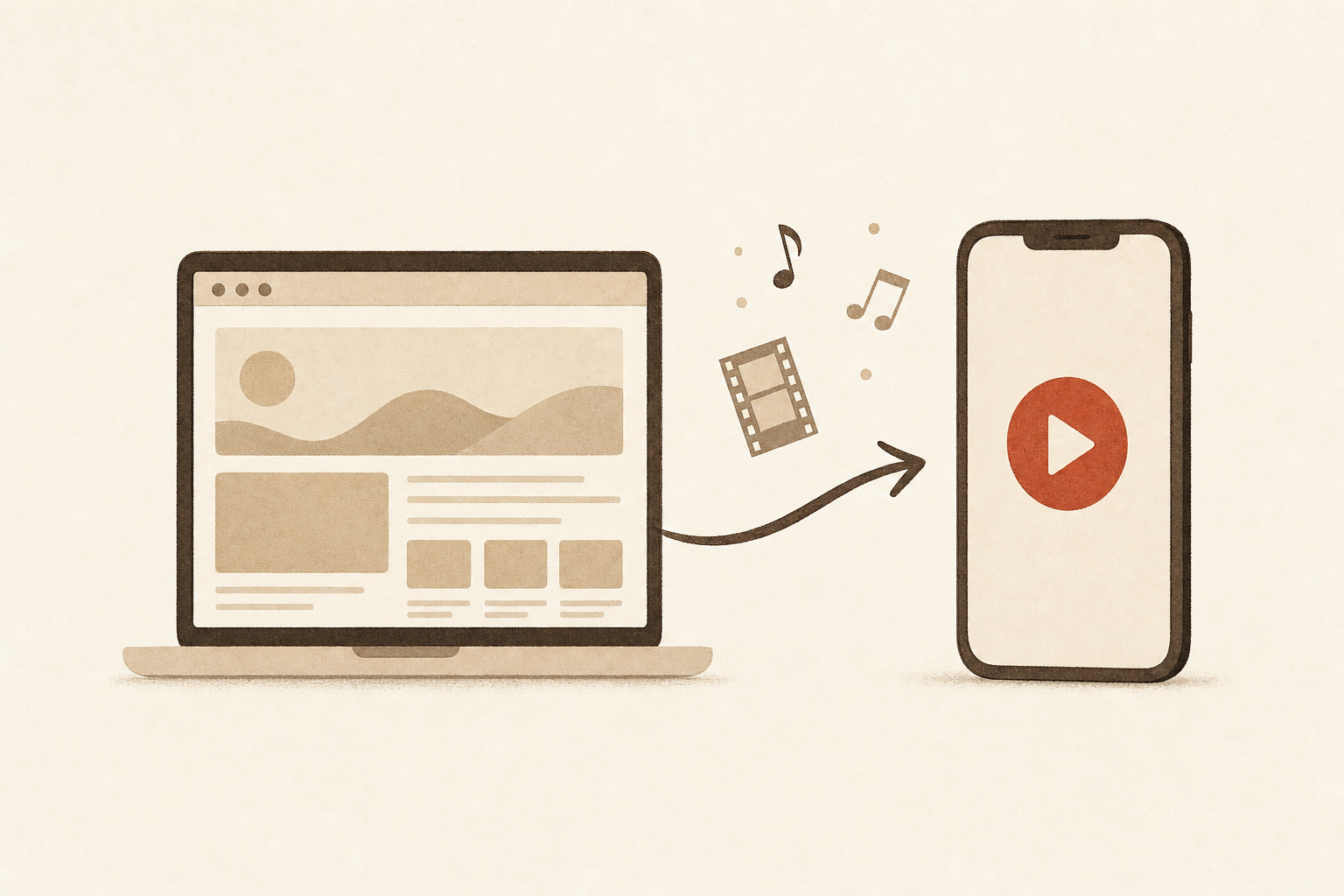A laptop showing a website with an arrow flowing into a vertical phone with a red play button, illustrating how to turn your website into a video with AI